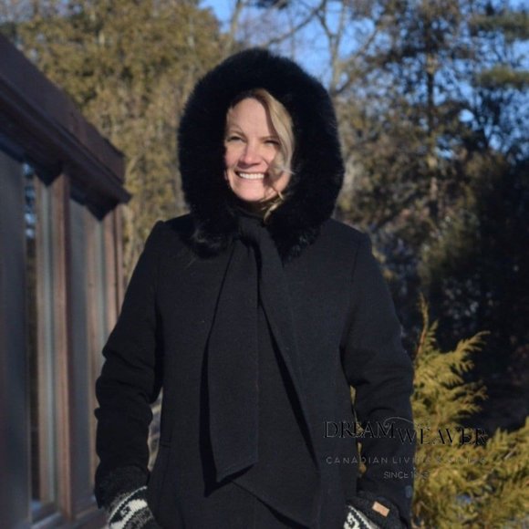 Black Dress Coat with Faux Fur Hood and Scarf - Picture 6 of 11